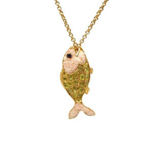 Sea Green Resin Scales Coral Crushed Sea Fish Pendant Chain Necklace Gold Tone